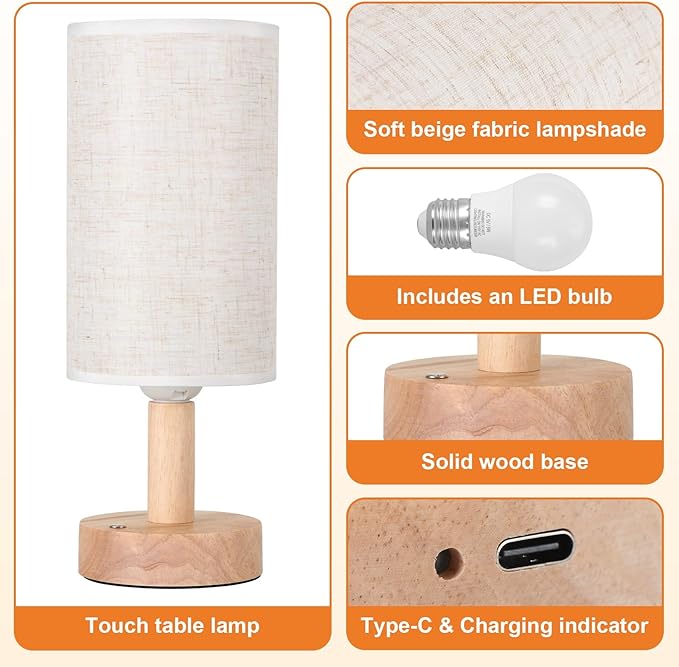 Rechargeable Cordless Table Lamp,Touch Control&Stepless Dimming,Wireless Bedside Ambient Night Light with Wood Base&Linen Shade,Portable Battery Lamp for Bedroom,Nightstand,Nursery,Camping,Outdoor