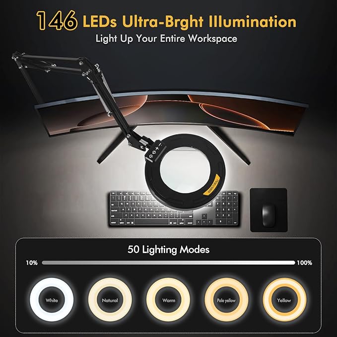 Magnifying Glass with Light 12X Magnifier Desk Lamp Close Work Up for Desktop Crafting, Reading, Sewing, Soldering, Ultra Long Swing Arm 3-Section 5 Color Modes Cool Design Head Controller