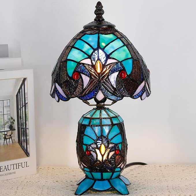Small Tiffany Lamp Stained Glass Table Lamp Mini Mother Daughter Vase Desk Accent Light for Bedroom Bedside Reading Home Antique Style Decor 8X14 Inches (Green)