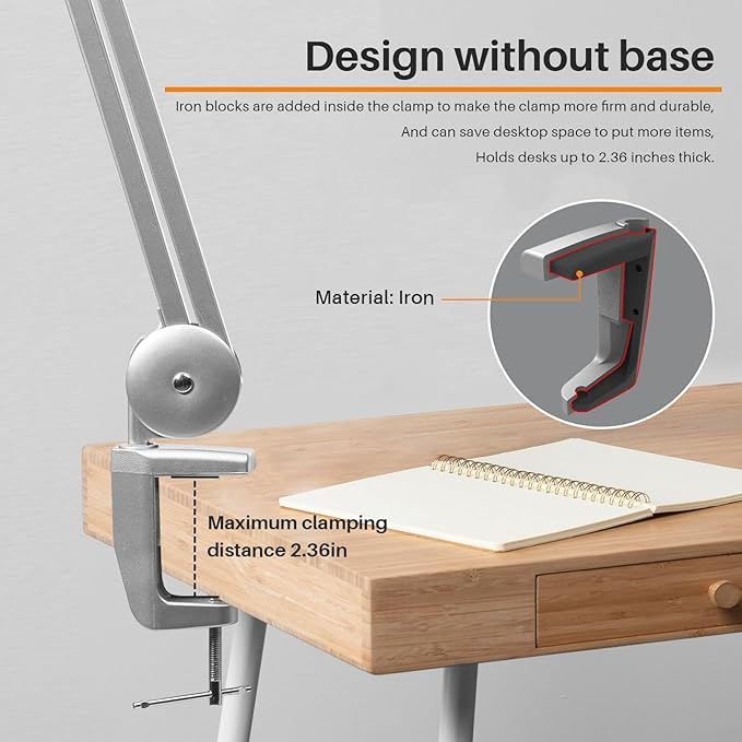 LED Desk Lamp with Clamp, Dimming Task Lamp for Reading Desktop Office Workbench Table Architect Sewing Study Home Craft, 117PCS LEDs, 2200 Lumens 20 Inch Metal Swivel Arm Work Lamp (Silver)
