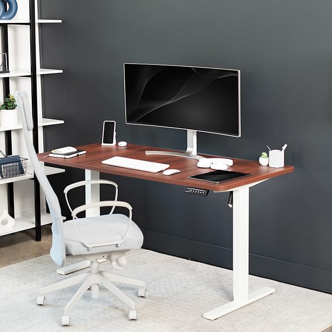 VIVO Electric 60 x 30 in Standing Desk, Memory Height Adjustment, 1B Series, Dark Walnut Top White Frame, DESK-KIT-1W6D-30