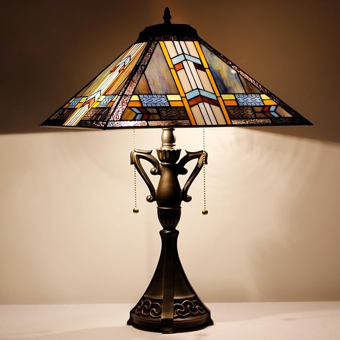 Tiffany Table Lamp Stained Glass Blue Cloudy Mission Style Desk Reading Light 16X16X24 Inch for Bedroom Living Room Home Office