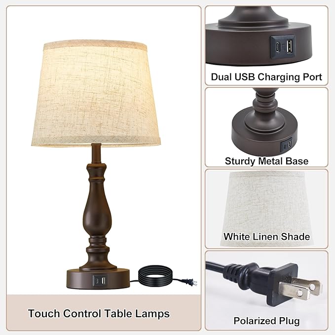 Table Lamps for Bedrooms Set of 2 - Touch Bedside Lamps with USB C+A Ports - 3 Way Dimmable Nightstand Lamps for End Tables Farmhouse Night Stand Lamps for Living Room Bed Side Guest Room