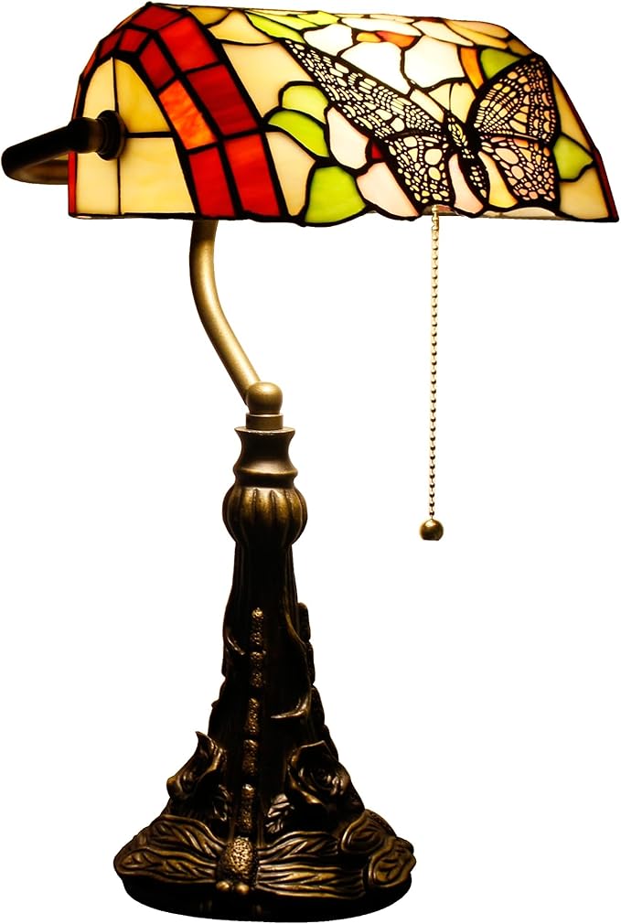 Tiffany Banker Lamp Small Stained Glass Table Lamp Tiffany Style Piano Light Desk Lamp Angle Adjustable 10.6X15.7 Inch for Home Office Living Room Bedroom (Butterfly in Flower Style)