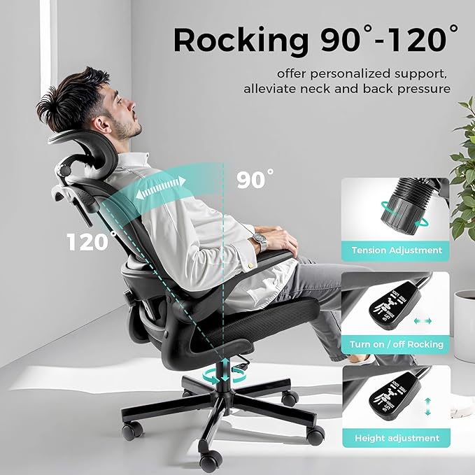 ALPHA HOME Ergonomic Office Chair with Massage Function&Coat Hunger, High-Back Mesh Computer Chair with Lumbar Support, Adjustable Height&Headrest&Flip-up Armrest, 360° Swivel Wheels, SGS Certified