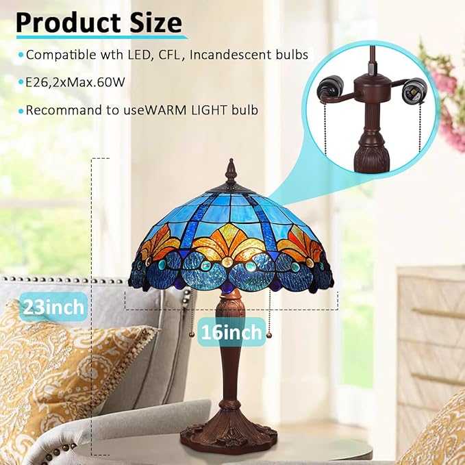 Tiffany Table lamp, Blue Stained Glass Desk Light - Antique Style 16” Large Nightstand Bedside Reading Light for Living Room Bedroom Office