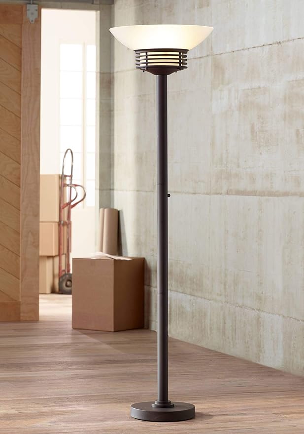 Possini Euro Design Light Blaster Modern Retro Torchiere Floor Lamp Standing 72.5" Tall Warm Bronze White Frosted Glass Bowl Shade Decor for Living Room Reading House Bedroom Home
