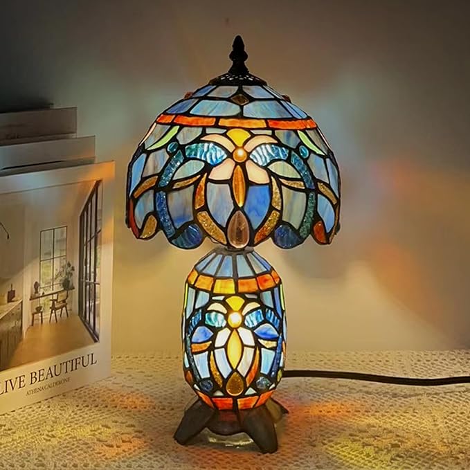 Small Tiffany Lamp Stained Glass Table Lamp Mini Mother Daughter Vase Desk Accent Night Light for Bedroom Bedside Reading Home Antique Style 8X14 Inches (Blue Purple)