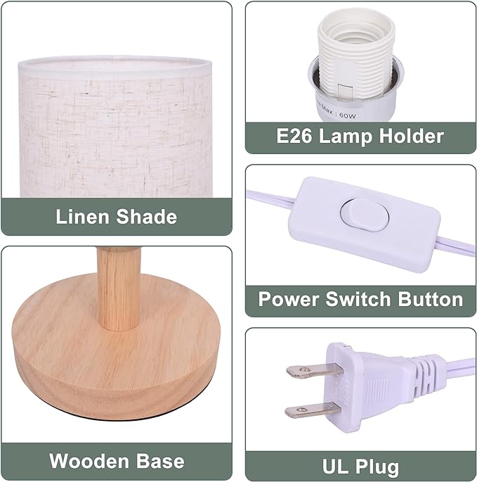 Small Table Lamp Mini Bedside Night Light Wooden Simple Desk Nightstand Lighting with Linen Shade for Bedroom, Living Room, Kids Room (Including LED Bulb) (Round)