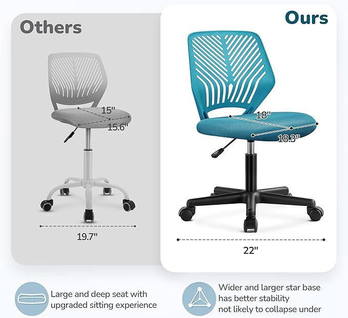 Yaheetech Kids Cute Office Chair Low-Back Armless Study Chair w/Lumbar Support Adjustable Height for Children in Bedroom School, Turquoise