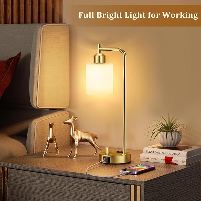 Innqoo Gold Lamp for Bedroom - Industrial Bedside Table Lamp with USB Port and Outlet, Fully Dimmable Nightstand Lamp with Opal Glass Shade, Small Desk Lamps for Home Office