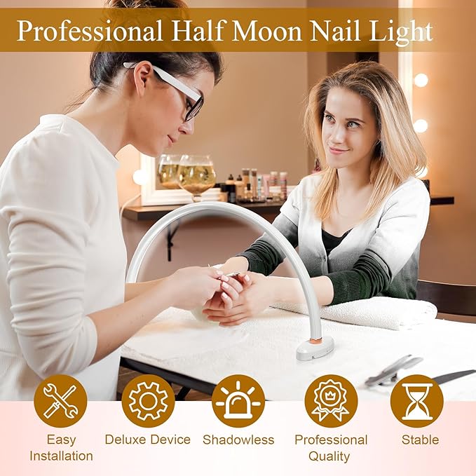 Half Moon Light for Nail Desk,16 inch Half Moon Lamp,Portable Ring Light for Eyelash Extensions,Suitable for Nail Beauty Crafts Sculpture,Brightness Adjustable