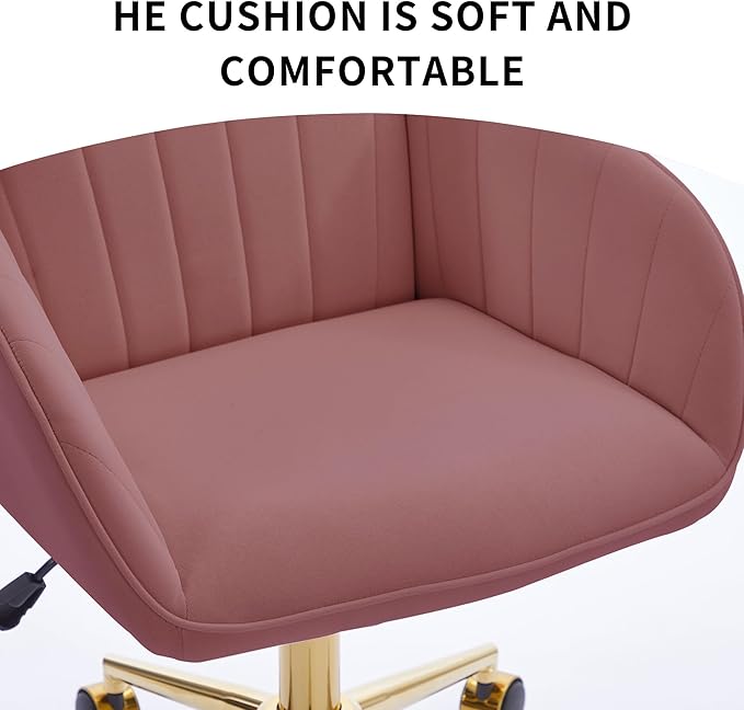 YISHENG Velvet Office Desk Chair with Gold Base, with Wheels,Modern Height Adjustable 360 Degree Swivel Upholstered Vanity Chairs with Arms for Living Room Bedroom,Rose