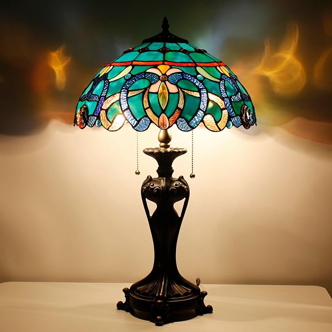 Tiffany Stained Glass Table Lamp 16X16X24 Inch Green Brown Jewelry Baroque Style Desk Bedroom Living Room Antique Reading Light (Green Brown Jewelry)