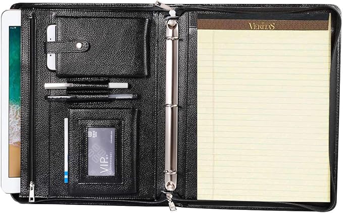 Professional Leather Business Padfolio Portfolio Case, 3 Ring Binder,Zippered Business Document Organizer Tablet Holder Folder Case,with Letter Size Notepad (black)