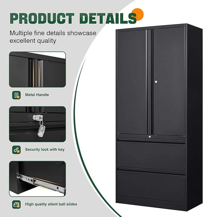 Letaya File Cabinet for Home Office, Metal Storage Cabinets with Adjust Shelves and Lock,2 Drawers Filing Cabinets-Hang Legal/Letter/A4/F4 Size Filing-Black