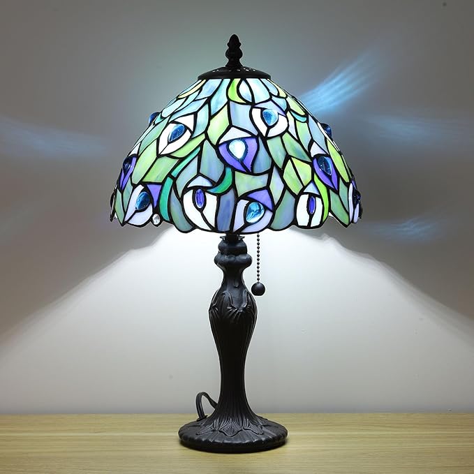 Tiffany Table Lamp for Living Room Blue Phoenix Tail Stained Glass Table Lamps for Bedroom Hand-Made 3 Color Temperature Bedside Nightstand Lamp Home Office Desk Lamp 10.1X10.1X17Inch W/LED Bulb