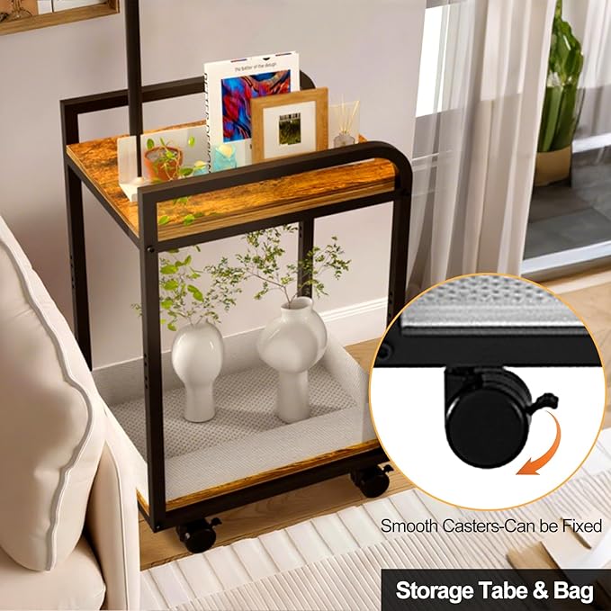 Lightdot 63IN Floor Lamps with Storage Table&Basket, Modern Standing Tall Lamps with Adjustable Fabric Lampshade and Movable&Fixed Casters, Coner End Table Lamp for Living Room/Bedroom/Office-Black
