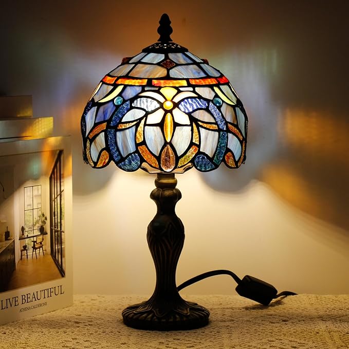 Small Tiffany Lamp Stained Glass Table Lamp Mini Desk Accent Light for Bedroom Bedside Reading Home Antique Style Decor 8X15 Inches (Blue Purple)