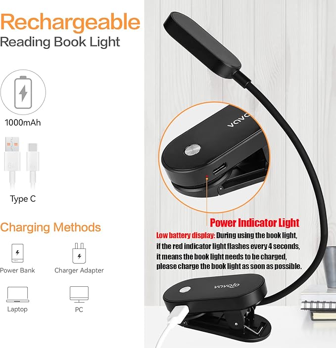 VAVOFO Rechargeable Book Light, 14 LEDs Eye Care Clip On Amber Reading Light for Bookworms Reading in Bed with 9 Colors 9 Brightness(Black)
