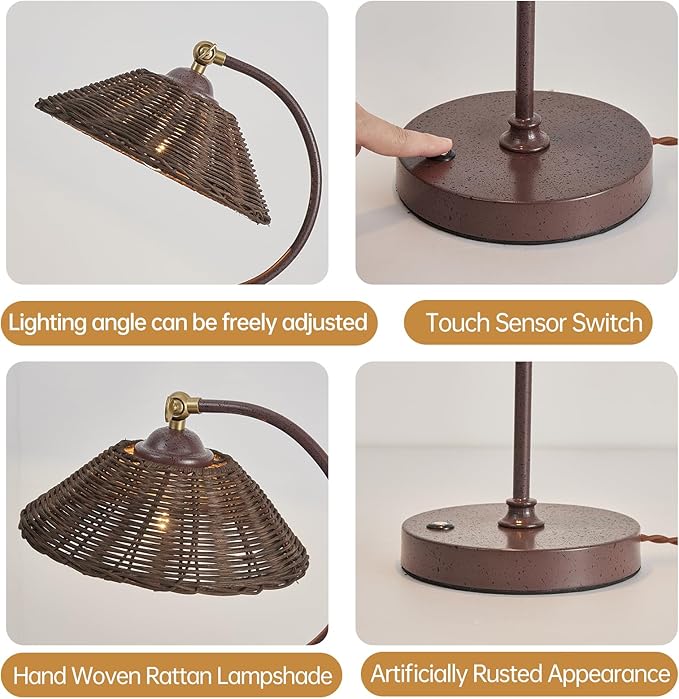 Woven Rattan Bedside Table Lamp for Bedroom, Boho Plug in Handmade Rattan Shade & Anti-Rust Iron Base Desk Lamp, Plug & Play Vintage Dark Brown Nightstand Lamp for Living Room, Office 【Bulb Included】