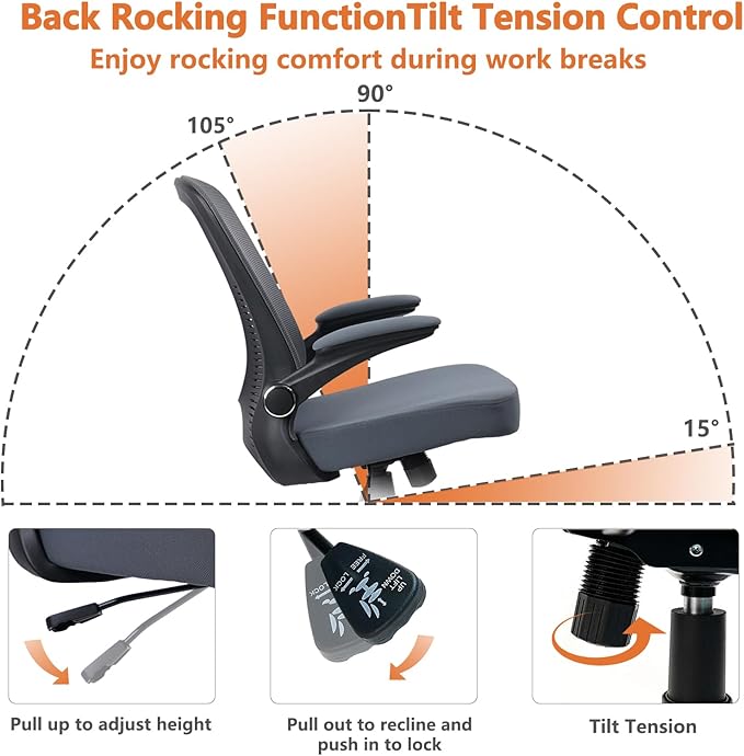 CLATINA Desk Chairs with Wheels, Ergonomic Rolling Mesh Office Chair Adjustable Height and Lumbar Support Home Office Computer Chair with Flip Up Armrests, Grey 2PK