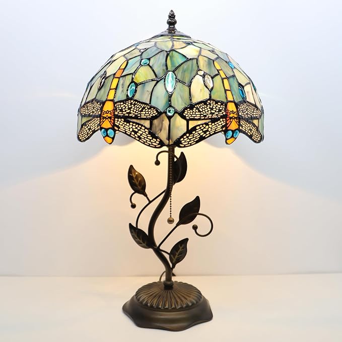 Tiffany Table Lamp, Stained Glass Style Desk Lamp, 12X12X19 Inch,Bedside Reading Light, Metal Leaf Base (Brown Dragonfly Style)