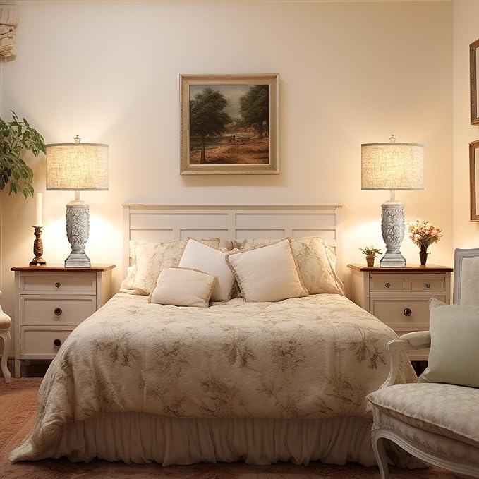Set of 2 Farmhouse Table Lamps, 27.5'' Tall Rustic Bedside Lamps with USB Ports, Vintage Nightstand Lamp Leafwork White Resin Lamp with Rotary Switch for Living Room,Bedroom, End Table, Decor