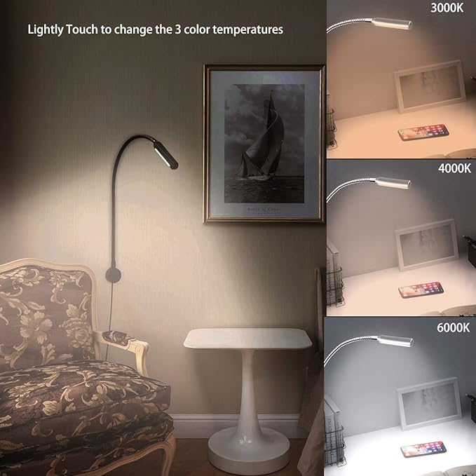 VST Books Lights for Headboard, Bedside Wall Mounted Reading Lamp, Reading Light Touch to Adjust Color Temp (3000K/4000K/6000K) and Brightness, USB/Type-C Charging Ports, 20W Driver, ETL-Listed