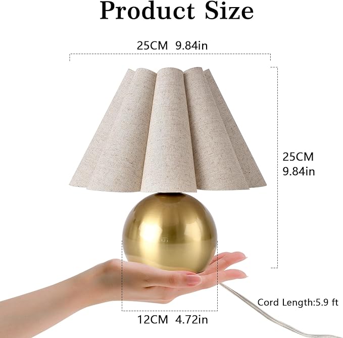 Gold Small Bedside Table Lamp for Bedroom, Brass Gold Bedroom Lamps for Nightstand, Cute Mini Table Lamps for Small Spaces with Scalloped Shade for Kitchen Counter, Bookshelf, Living Room, Kids Dorm