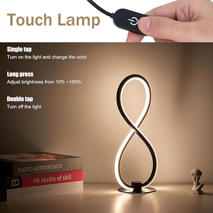 Modern Desk Table Lamp,3CCT 2700K/4000K/6500K Stepless Dimmable Bedside Lamp with USB Adapter,Black Table Lamp for Bedroom,Bedside,Nightstand,Dorm,Office