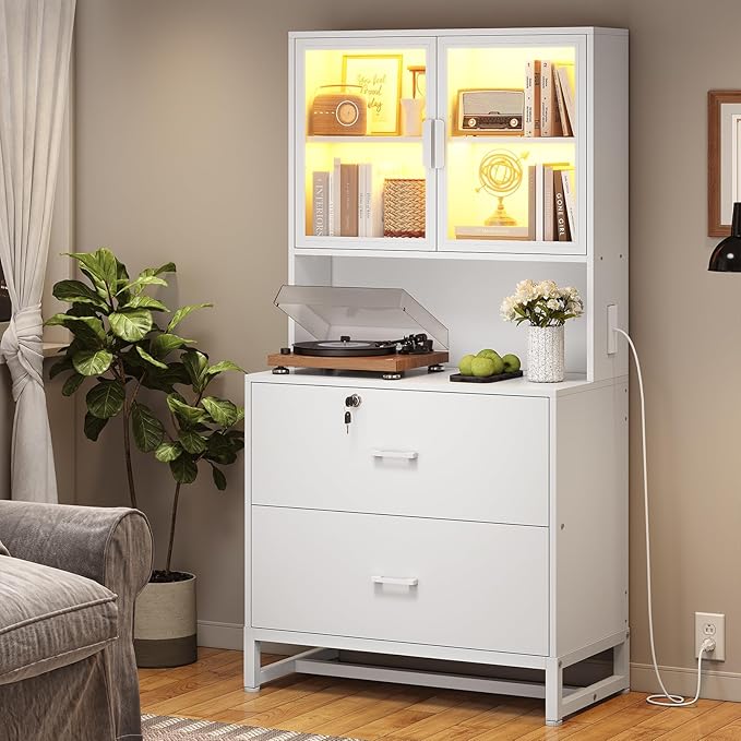 SEDETA 2 Drawer File Cabinet with Lock, Charging Station and Bookshelf, Filing Cabinet Fits Letter, Legal, A4 Size, Wood File Cabinets for Home Office, Printer Stand with Storage Shelf, White
