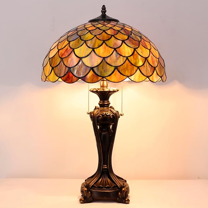 Tiffany Stained Glass Table lamp 16X16X24 Inch Brown Fish Scales Style Desk Bedroom Living Room Antique Reading Light (Brown Fish Scales)