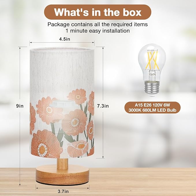 Sunflower Table Lamp for Bedroom - Inline Control, Small Bedside Lamp with 3000K A15 LED Blub, Easy Assembly (Sunflower Cream Shade, 9" Inline Control)