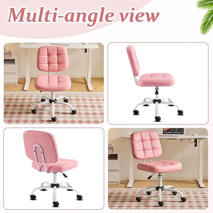 VINGLI Compact Small Desk Chair, Cute Armless Chair with Wheels, Vanity Chair with Low Back, Height Adjustable Task Chair for Small Spaces, Office, Bedroom, Make Up Room, PU Leather, Pink
