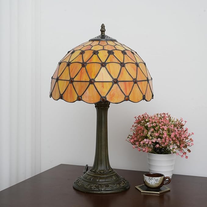 Tiffany Lamps Vintage Orange Lamp Mushroom Bedside for Bedroom Dector Stained Glass Table Lamp Living Room Office Kitchen Hotel Bar Farmhouse 12 Inch Aesthetic Nightstand 70s 80s Reading Desk Light