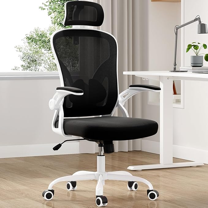 Farini Ergonomic Office Chair, Home Office Desk Chair with Headrest, High Back Computer Chair with Armrests and Adjustable Lumbar Support for Home Office Study Room, White & Black