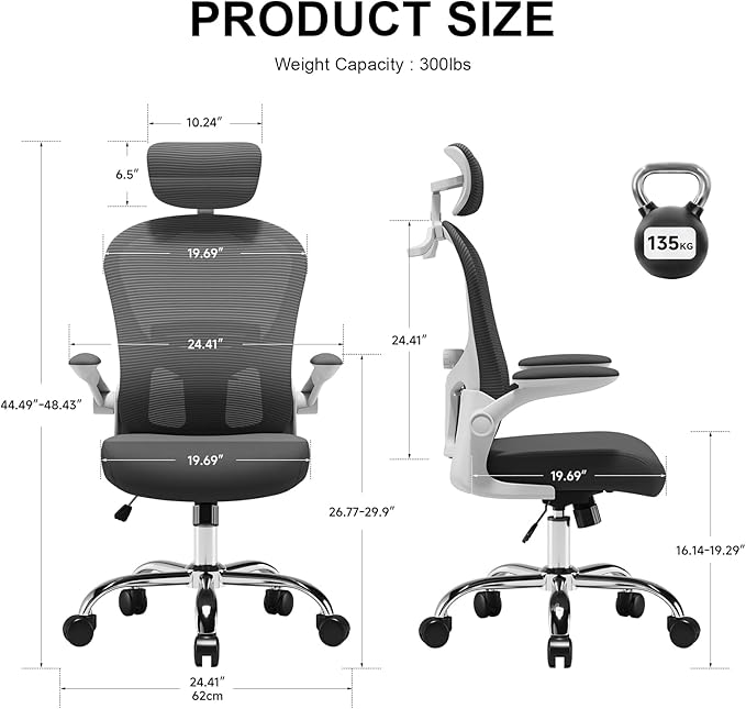 TLLMOON-6066 All-Around Fine-Tuned Comfort Chair. Liftable seat, 4D Lumbar Support, 2D armrests with headrest, Headrest, Hanging bar. Office, Home, Study(W-Grey)