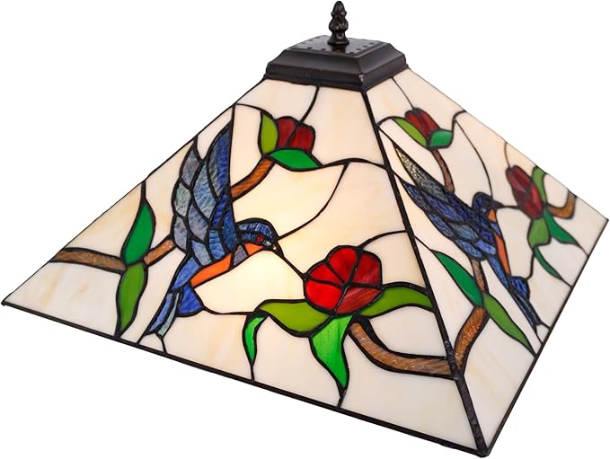 Tiffany Table Lamp Stained Glass Amber Hummingbird Square Geometric Mission Style Desk Reading Light 16X16X24 Inch for Bedroom Living Room Home Office