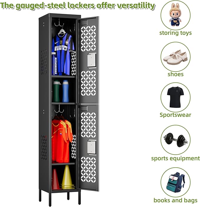 2 Doors Metal Locker with Adjustable Shelves and 6 Hooks,Metal Lockers for Employees for Gym,School,Office,Home,Garage,Assembly Required,Black