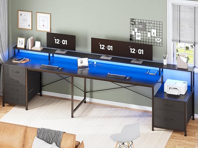 SEDETA L Shaped Desk with 6 Drawer, 108" Home Office Desk with File Drawer & Power Outlet, Corner Computer Desk with Monitor Shelf, File Cabinet, Two Person Desk, Gaming Desk with Led Lights, Black