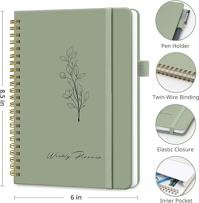 Undated Weekly Planner, Weekly To Do List Notebook with Goal & Habit Tracker Organizer, A5 Weekly Planner Notebook with Spiral Binding, 6.1" x 8.2" - Green