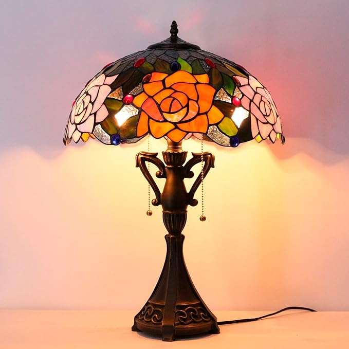 Tiffany Table Lamp 24 Inch High Antique Stained Glass Purple Orange Rose Flower Desk Reading Light Wide 16 Inch for Bedroom Living Room Home Office