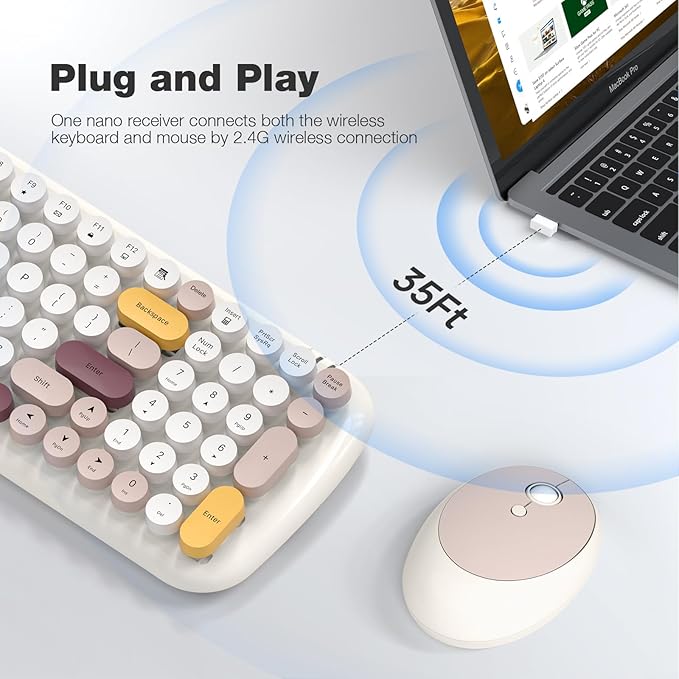 Wireless Keyboard and Mouse Combo - GEEZER Pale Milkwhite Colorful Round Keycap Keyboard 100 Keys - USB 2.4G Receiver Plug Play Typewriter Keyboards for Windows, PC, Laptop, Desktop