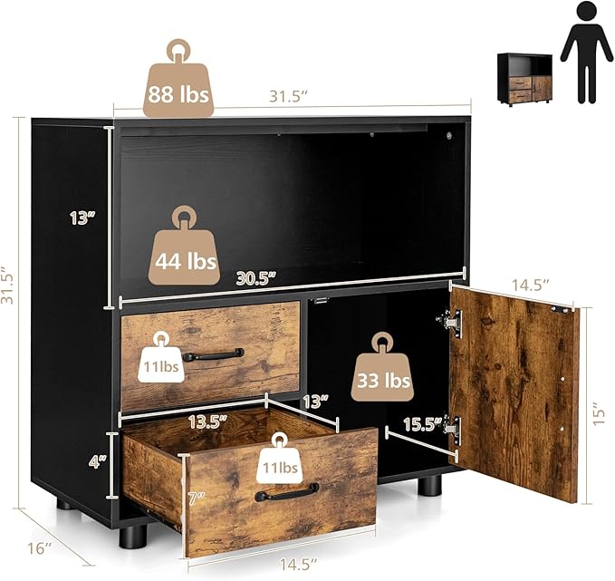 Giantex 2 Drawer File Cabinet - Lateral Filing Storage Cabinet with Industrial Style, Anti-Scratch Surface, Anti-Tipping Device, Middle Open Shelf, Printer Stand for Home Office 31.5” x 16” x 31.5”