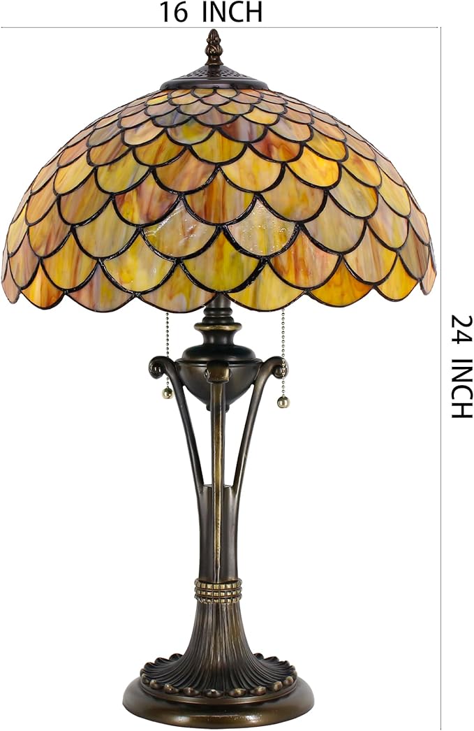 Tiffany Table Lamp Yellow Green Stained Glass Desk Lamp 16X16X24 Inches Fish Scales Style Reading Light