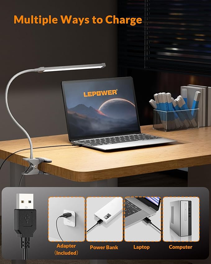 LEPOWER Led Clip on Light, 5W Reading Lights for Books in Bed with Gooseneck, Adjustable Color Temperature Clip Lamp, Ideal for Bedtime Reading and Piano Light, Metal, White