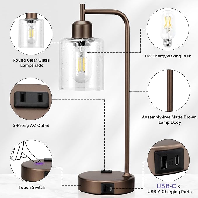 Innqoo Industrial Touch Table Lamps - 3-Way Dimmable Desk Lamps Set of 2 with USB C+A Ports and Outlet, Brown Bedside Lamps with Clear Glass Shade for Living & Bedrooms