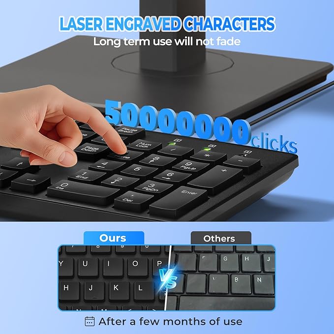 Wired Computer Keyboard Character anti fading,Corded Low-Profile, 12 Multimedia Hotkeys,1.6m Cable USB Interface Plug and Play Suitable for Computers, Laptop and PC,Full-Size,Number Pad, Office
