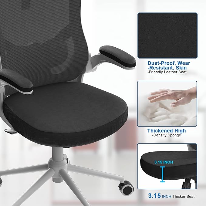 Ergonomic Office Chair with Adjustable Headrest & Lumbar Support - High Back Desk Chair with Flip-Up Arms, 360 Swivel Executive Computer Task Chair (Modern, Black-White Frame)